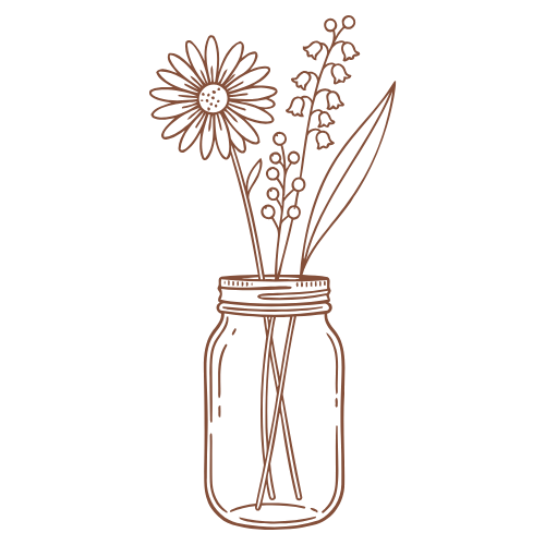 Line art drawing of a mason jar vase with a daisy and lily of the valley flowers in brown ink.