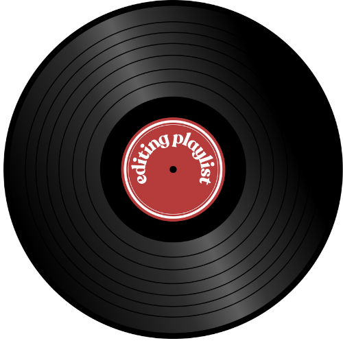 A row of five black vinyl records with one featuring a red label, arranged in a horizontal line against white background.