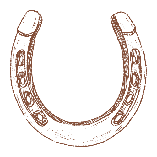 Hand-drawn sketch of a lucky horseshoe with nail holes, rendered in brown ink on white background.