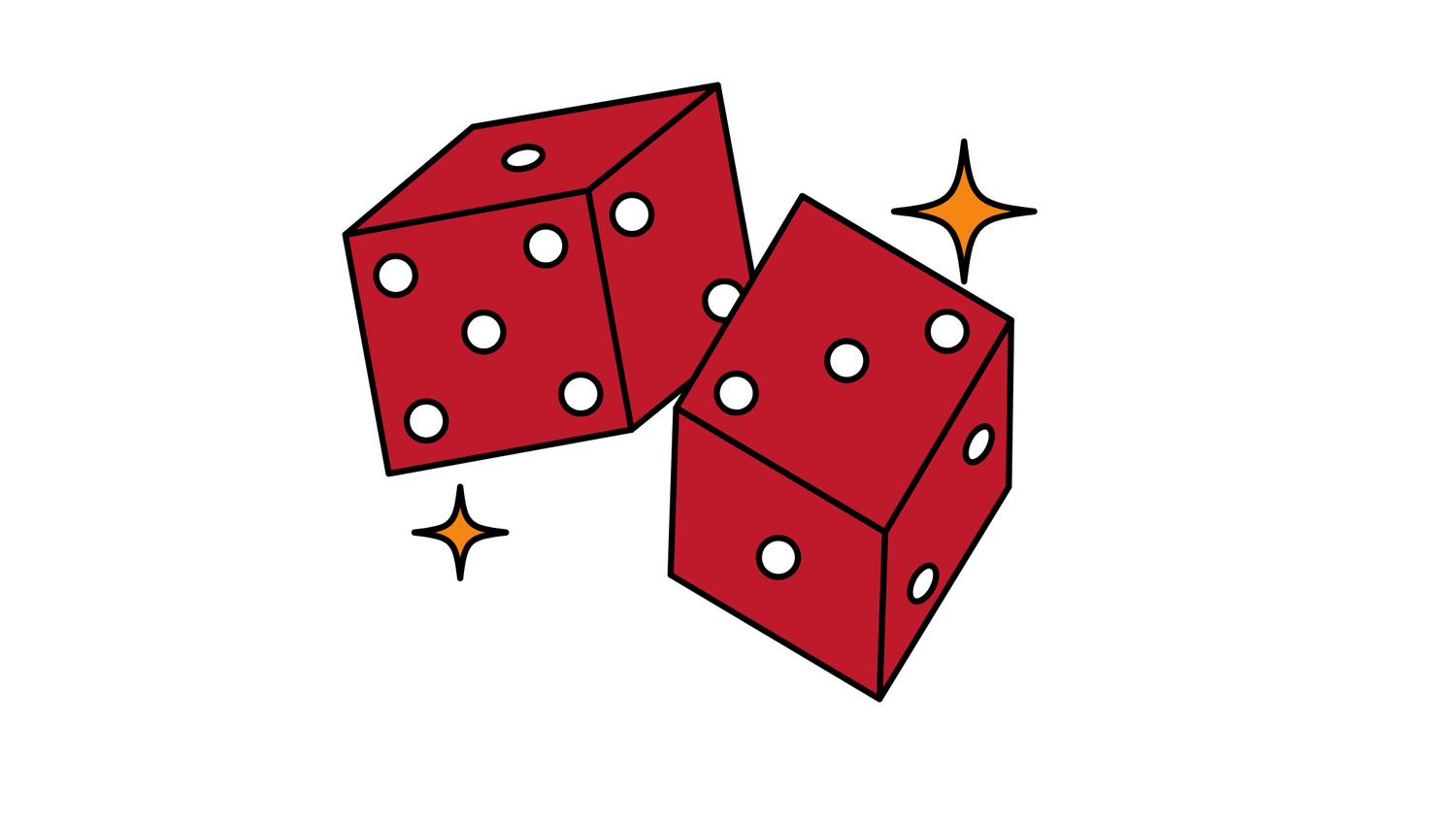 Red dice with white dots scatter across a white background with small golden star decorative elements.