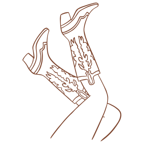 Line art illustration of crossed cowboy boots with decorative stitching and flame patterns in brown outline style.