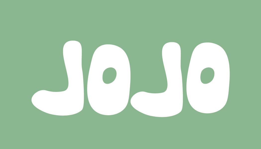 White bubble text spelling 'JOJO' on a mint green background.
