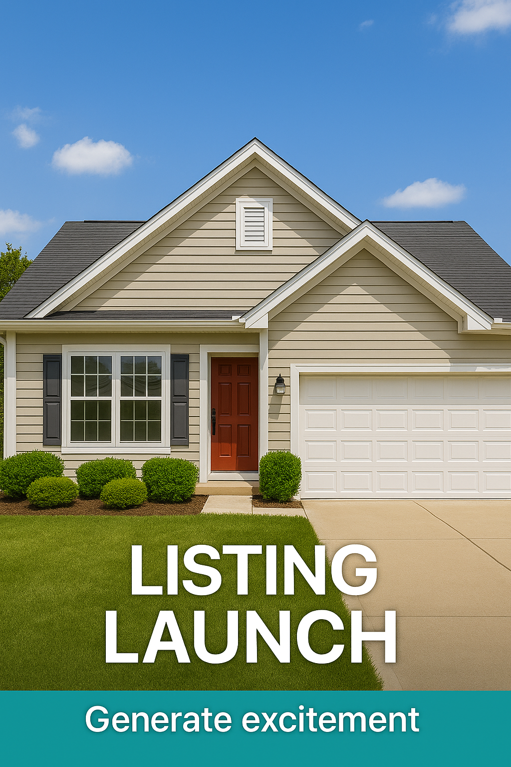 Modern beige suburban ranch house with white garage door and manicured lawn under blue sky.