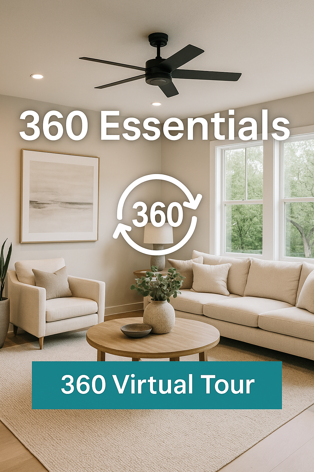 Modern living room interior with ceiling fan, beige furniture, and circular coffee table promoting 360 virtual tour service.