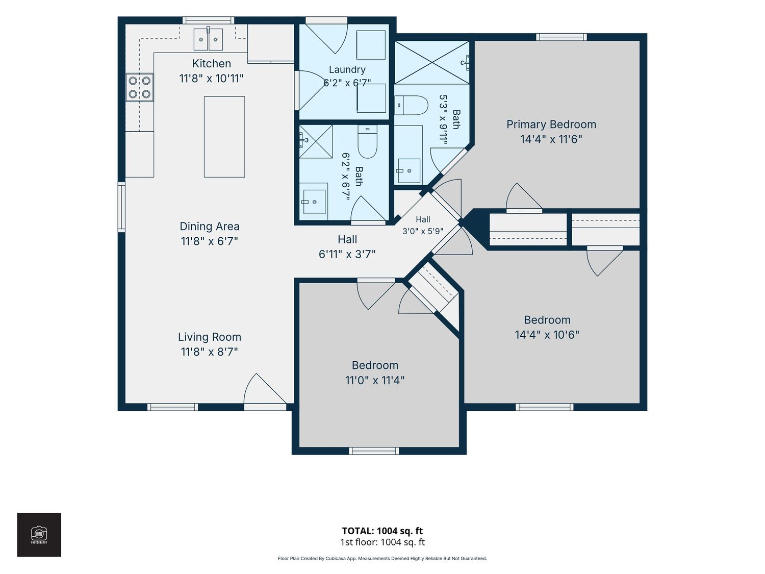 Floor plan of a 1,504 sq ft apartment featuring a primary bedroom, two bedrooms, living room, dining area, and kitchen.