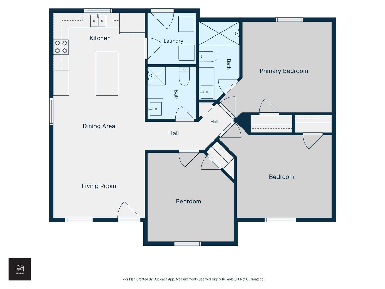 Floor plan showing a 3-bedroom home with primary bedroom, dining area, living room, kitchen, laundry, and hall layout.
