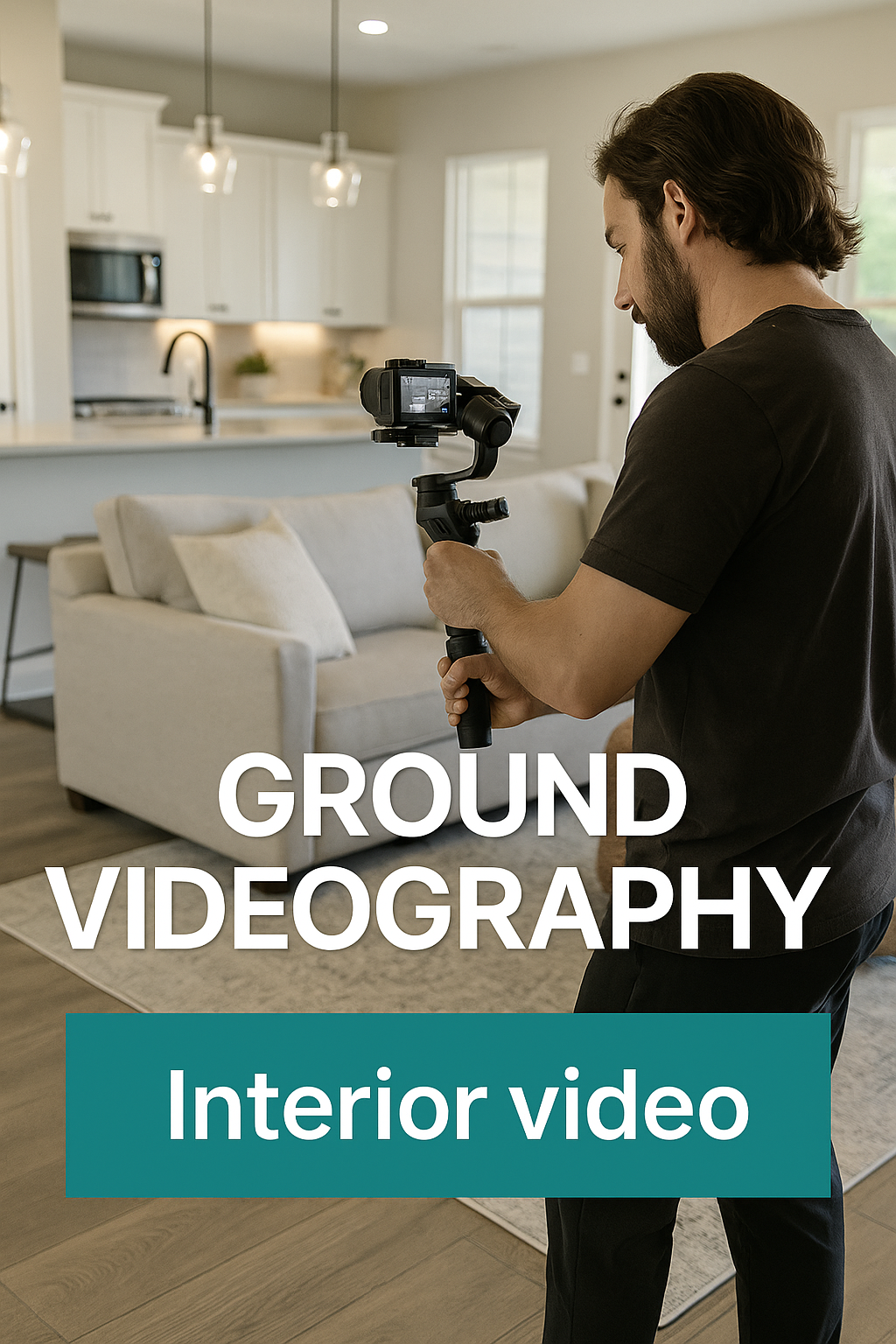 Professional videographer filming interior real estate content with handheld camera equipment in modern home setting.