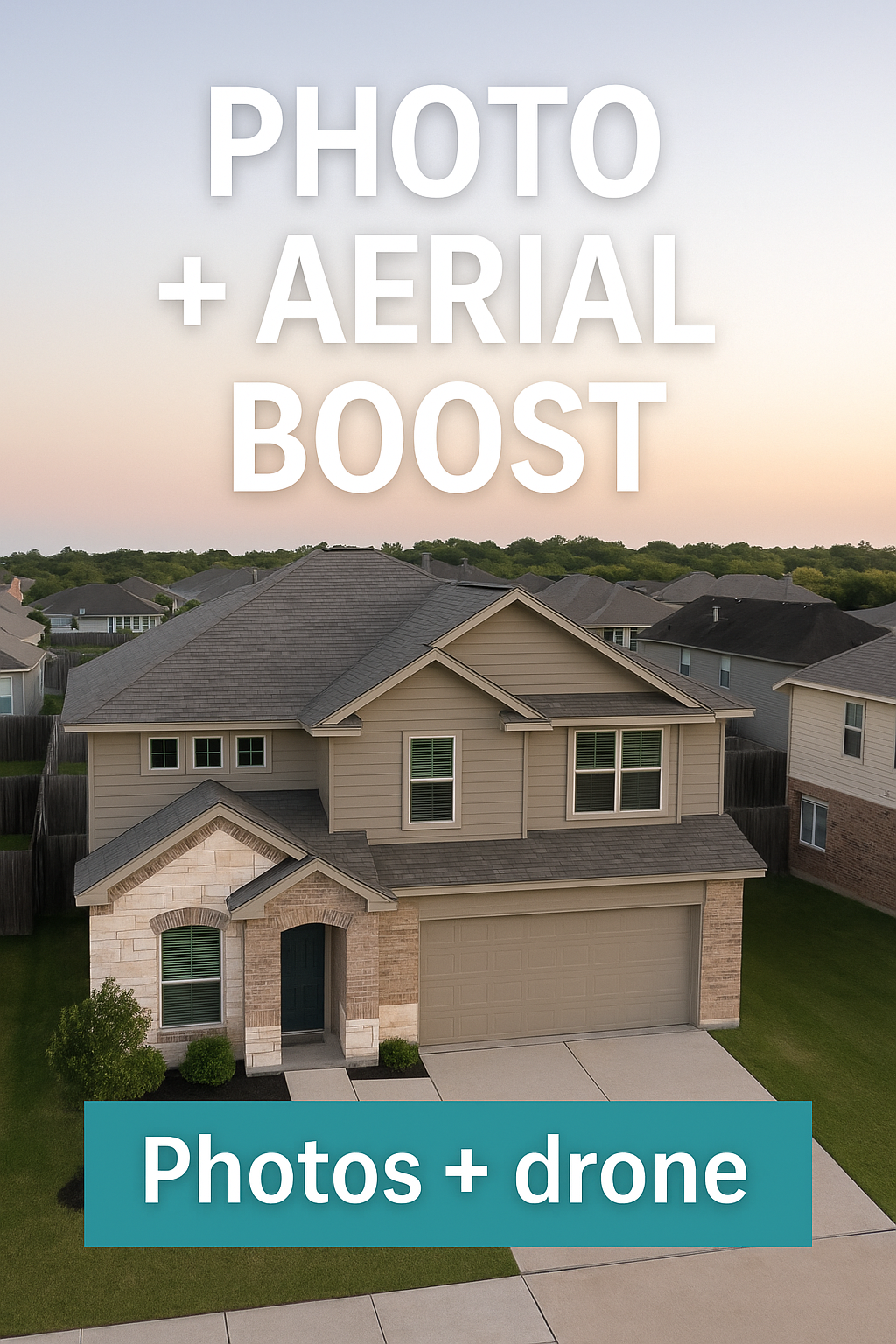 Aerial view of beige suburban homes with gray roofs in a residential neighborhood during sunset.