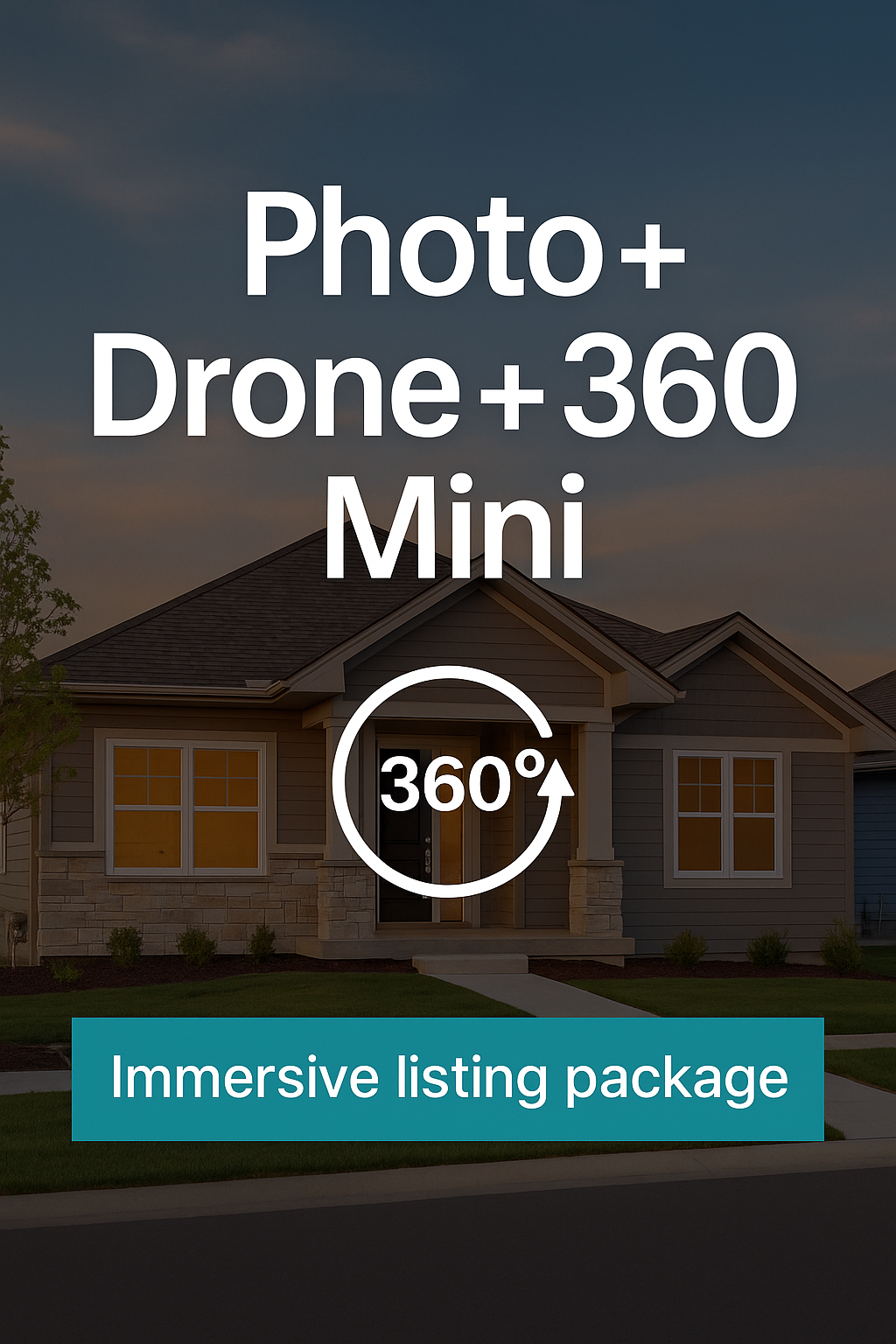 Real estate listing package options showing photo, drone and 360-degree virtual tour services for property marketing.