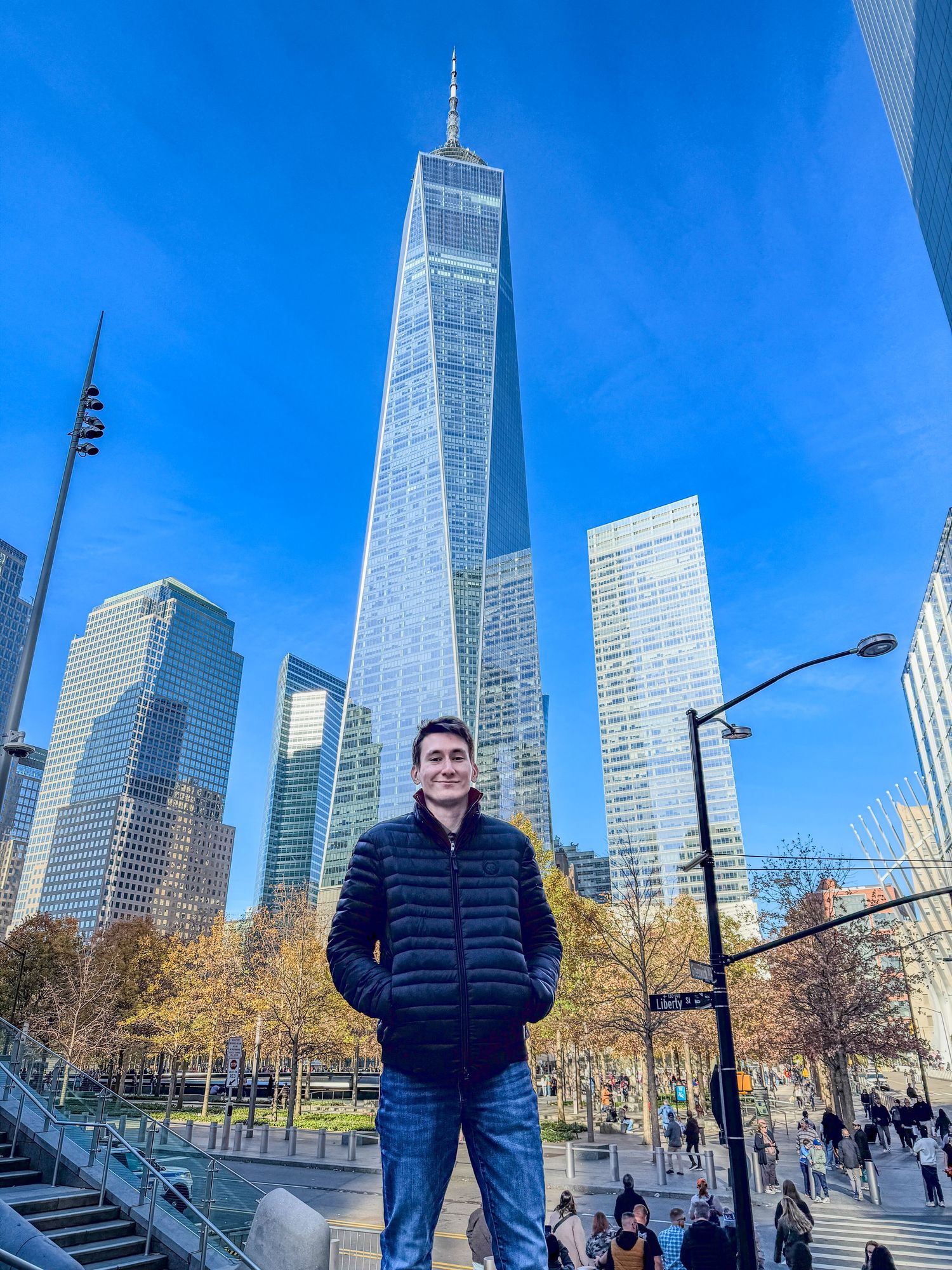 View of One World Trade Center and surrounding buildings in Lower Manhattan.
