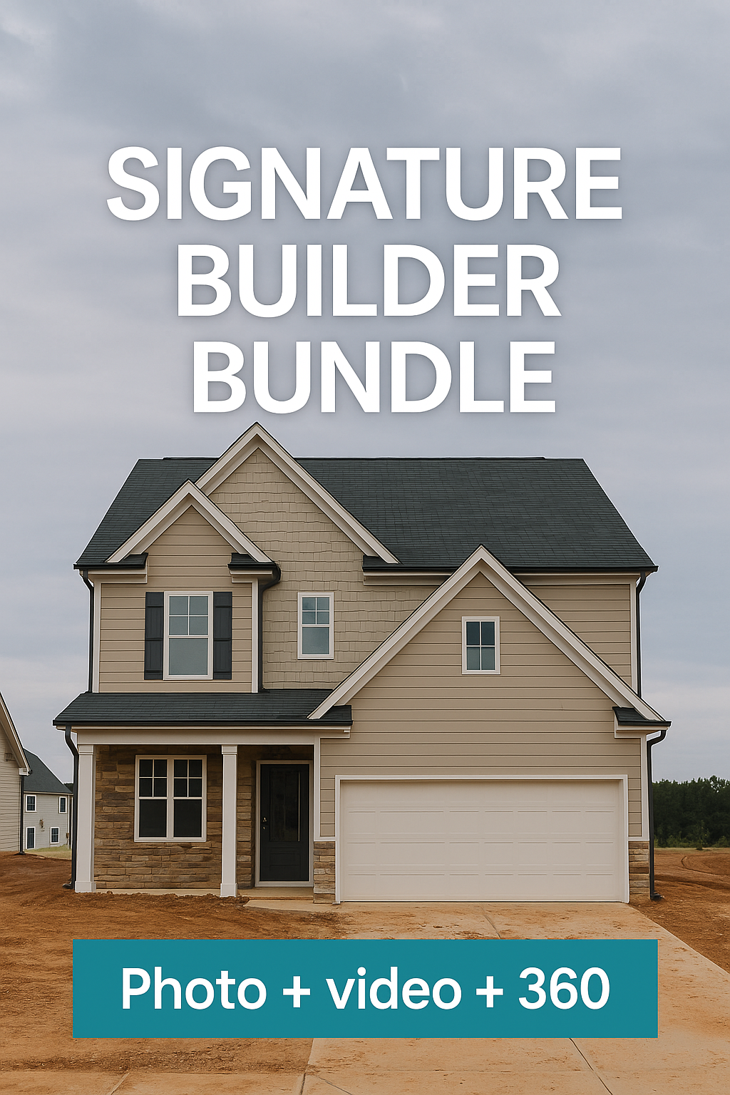 New construction home exterior views showing tan siding and dark roof with multiple marketing package options displayed.