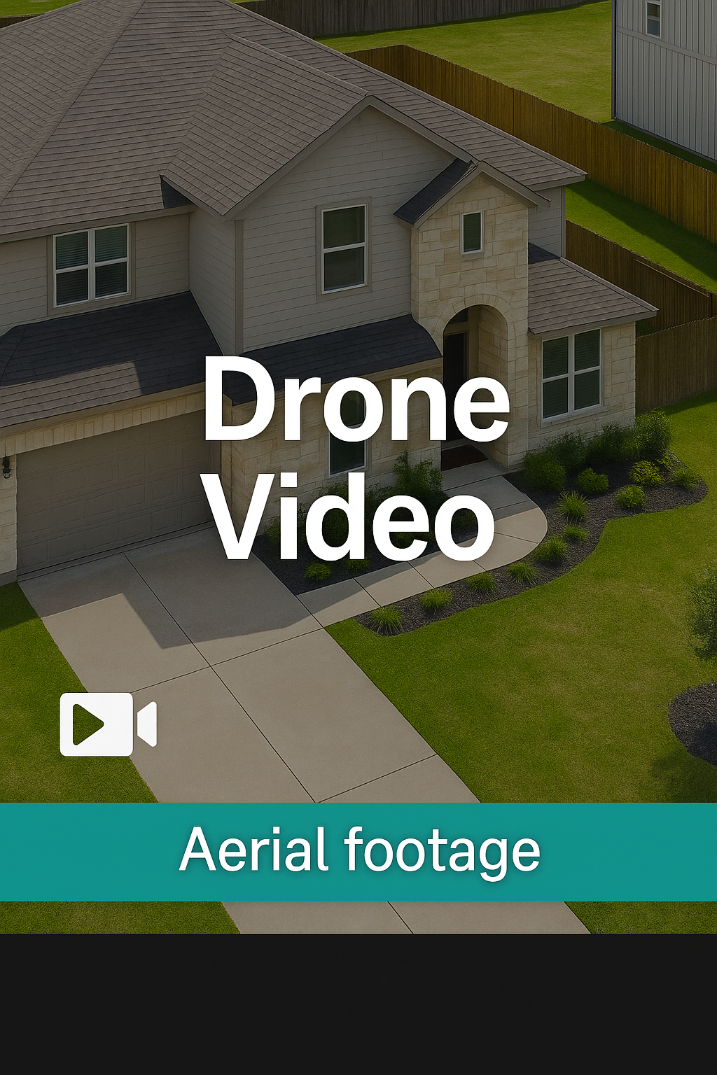 Aerial drone footage buttons overlaid on residential house photography with green lawn background.