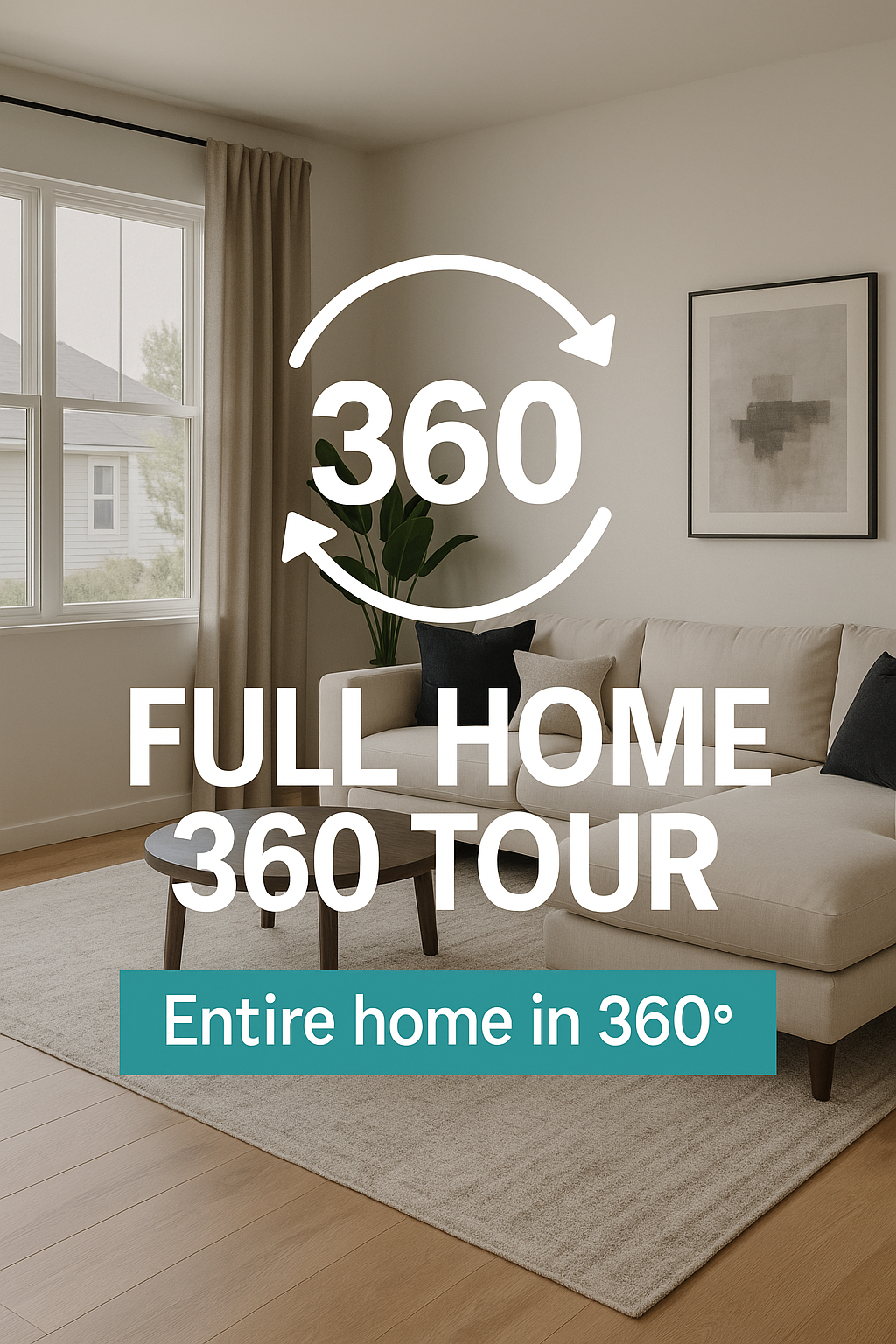 Modern living room interior with beige walls, light hardwood floors, and white furniture showcasing a 360-degree virtual tour feature.