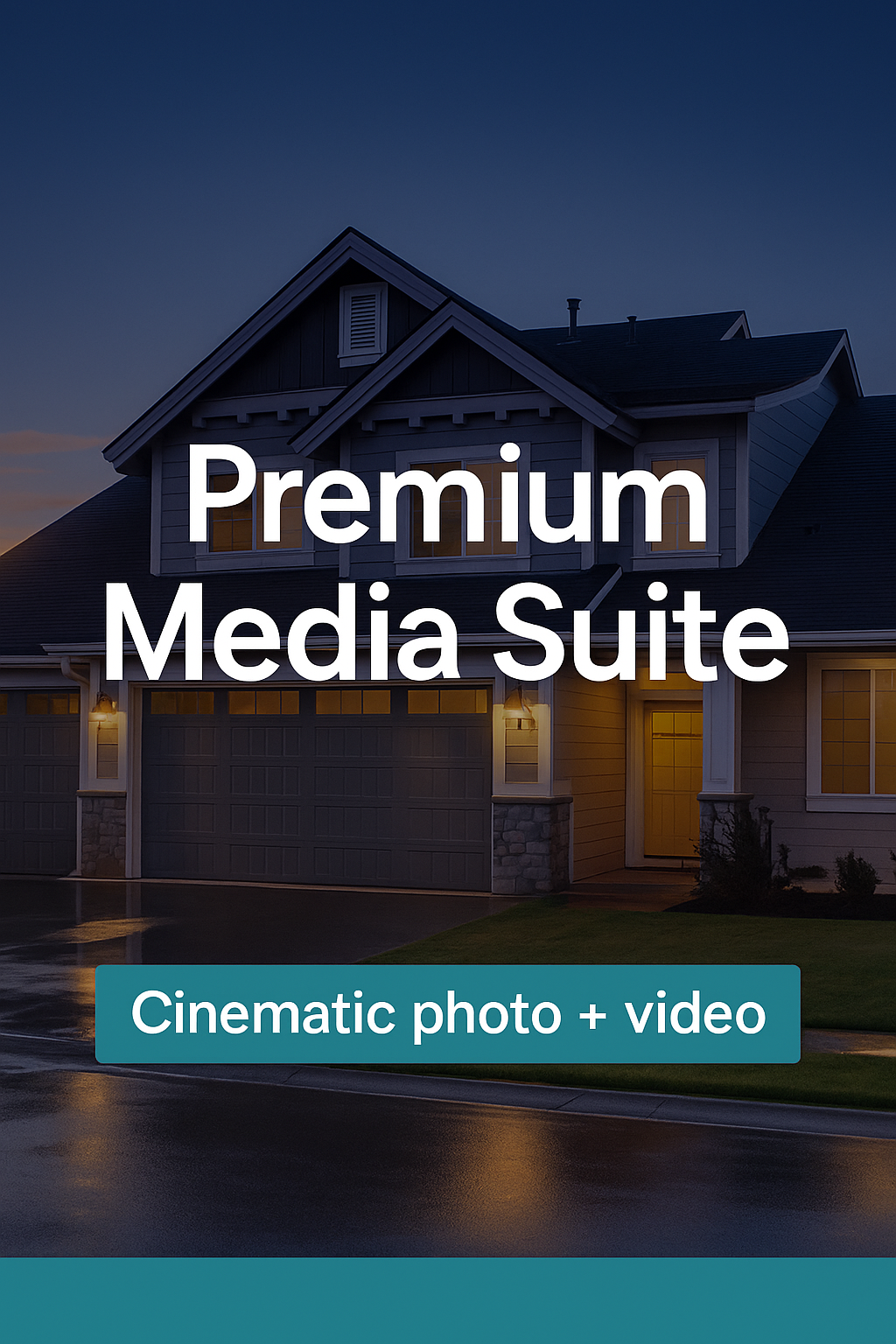 Modern suburban home exterior illuminated at dusk with glowing windows and Premium Media Suite text overlay.