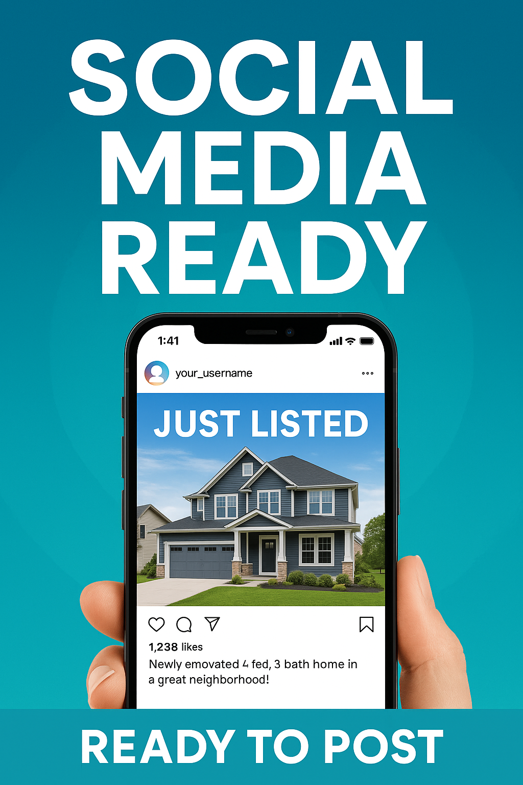 Social media ready real estate listing post mockups showing mobile phone screens displaying house photos and listing details.