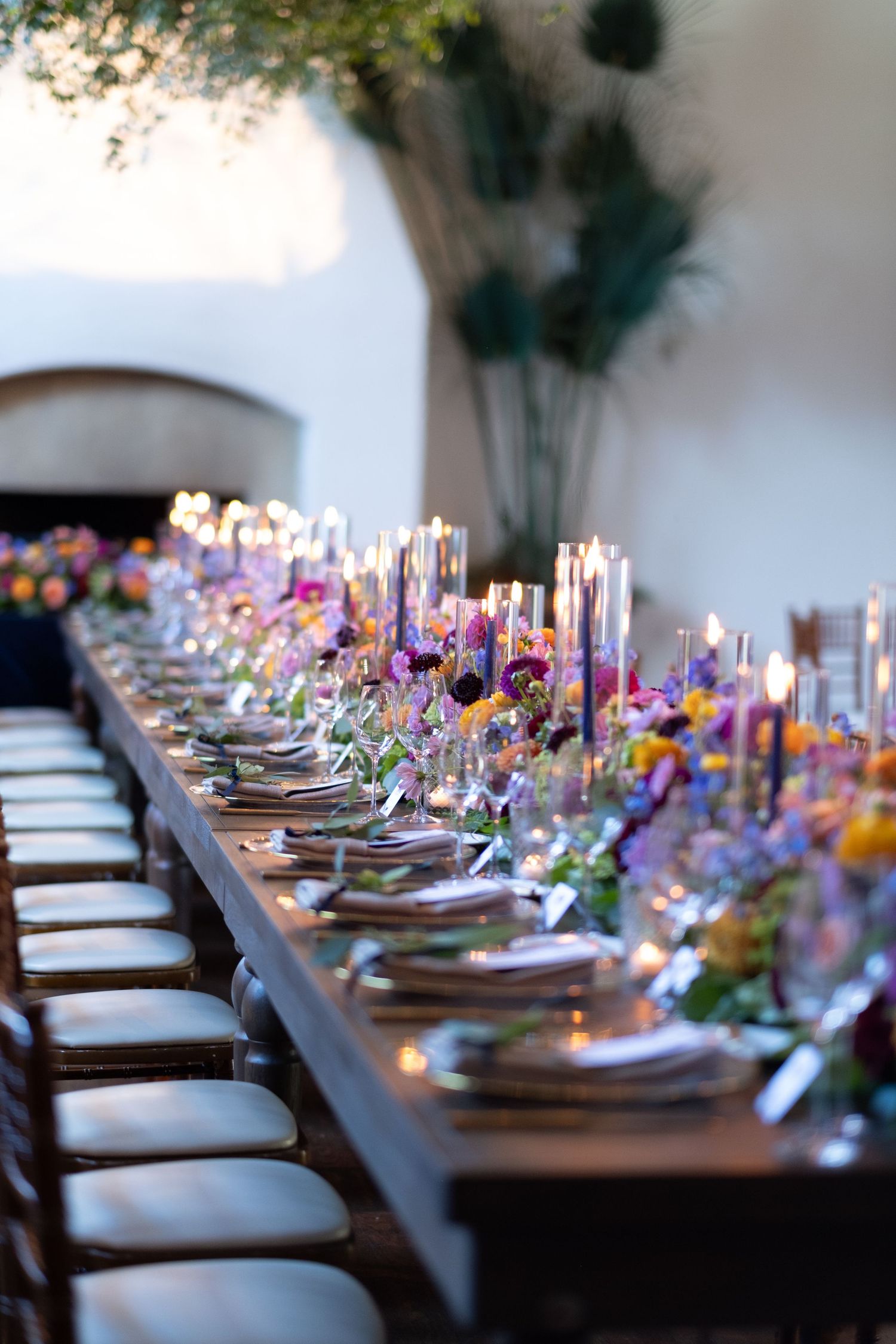 Candlelit tablescape for wedding reception at Montetico Country Club.