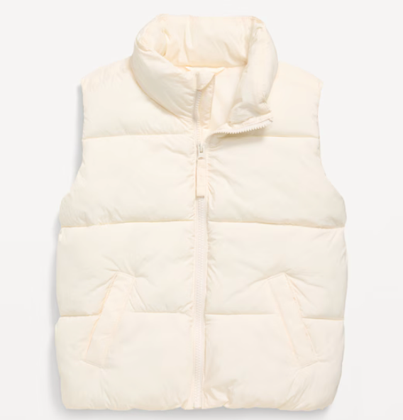 White quilted puffer vest with high collar and zip front closure shown from different angles.