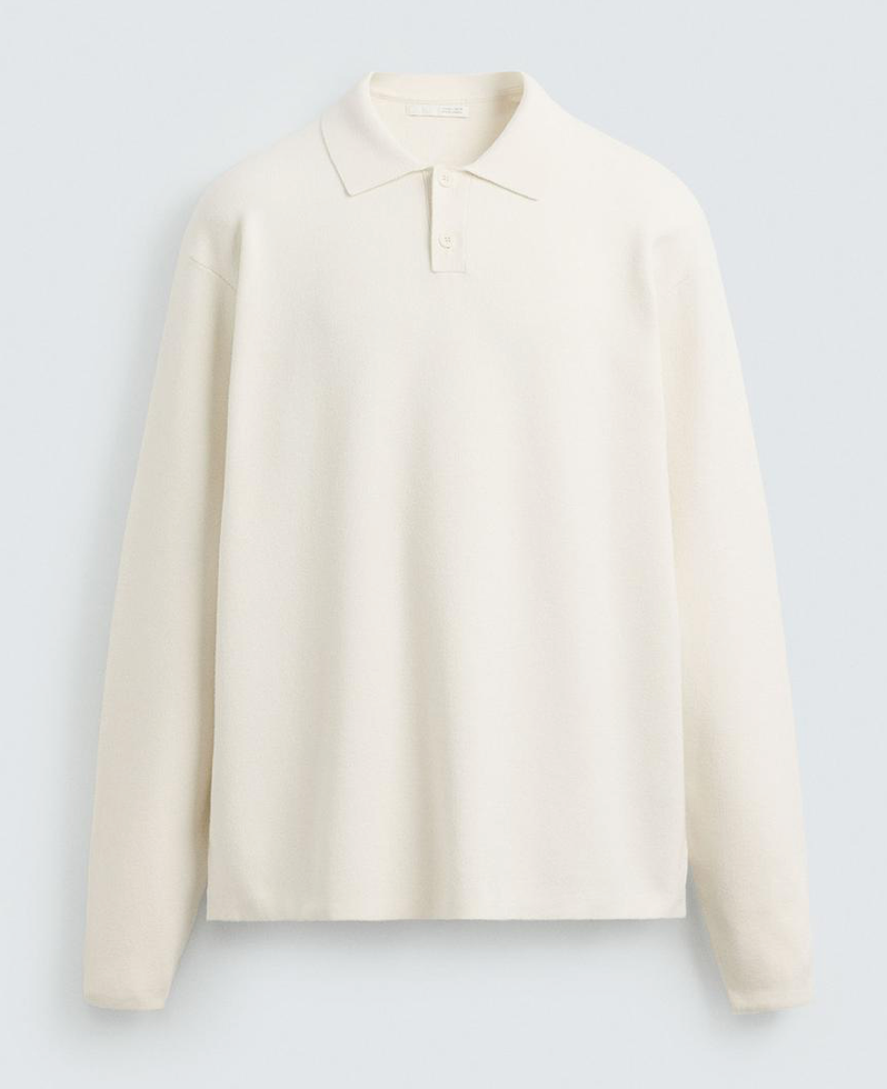 A cropped cream-colored knit polo sweater shown from three different angles against a light background.