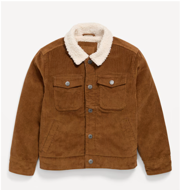 Brown corduroy jacket with sherpa fleece collar, front pockets and button closure in casual trucker style.