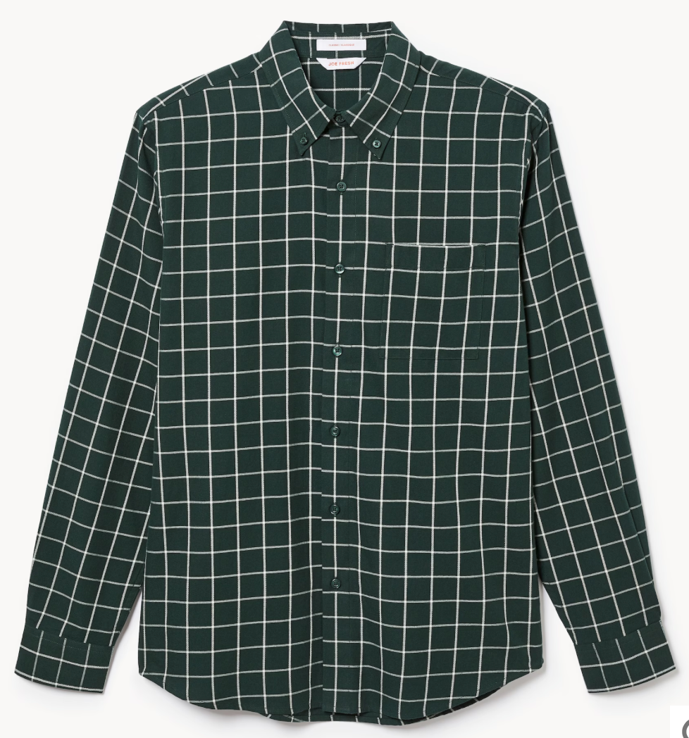 Dark green and white windowpane plaid button-down shirt shown from multiple angles on a white background.