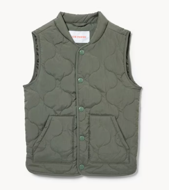 A quilted olive green vest with button closure and pockets shown from different angles on a white background.
