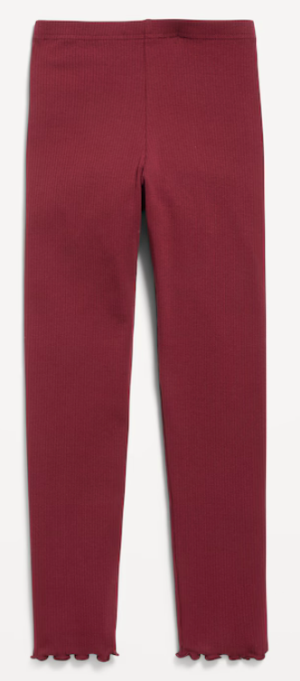 Burgundy ribbed knit leggings with scalloped hem detail and elastic waistband in a fitted silhouette.