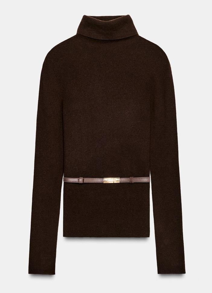 Brown turtleneck cropped sweater with long sleeves shown from different angles against white background.