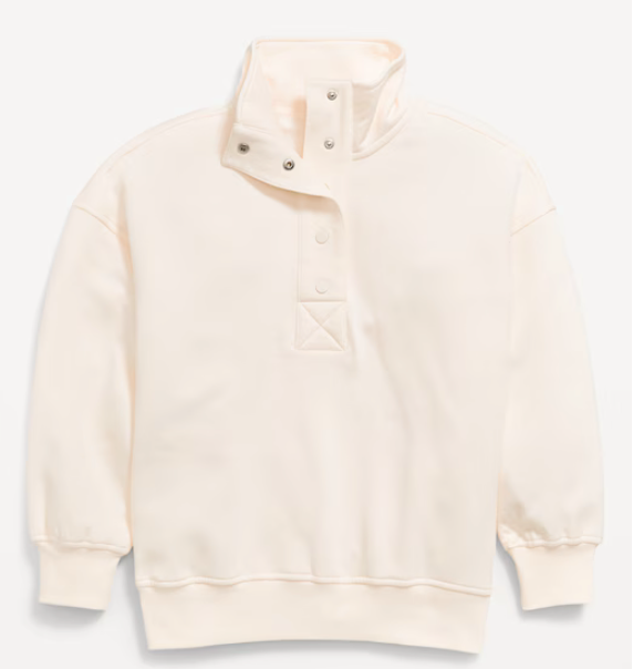 Cream colored pullover sweatshirt shown from multiple angles displaying the front, back, and side views.