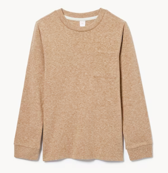 Cropped beige knit sweater with three-quarter length sleeves and a relaxed fit in a soft heathered fabric.