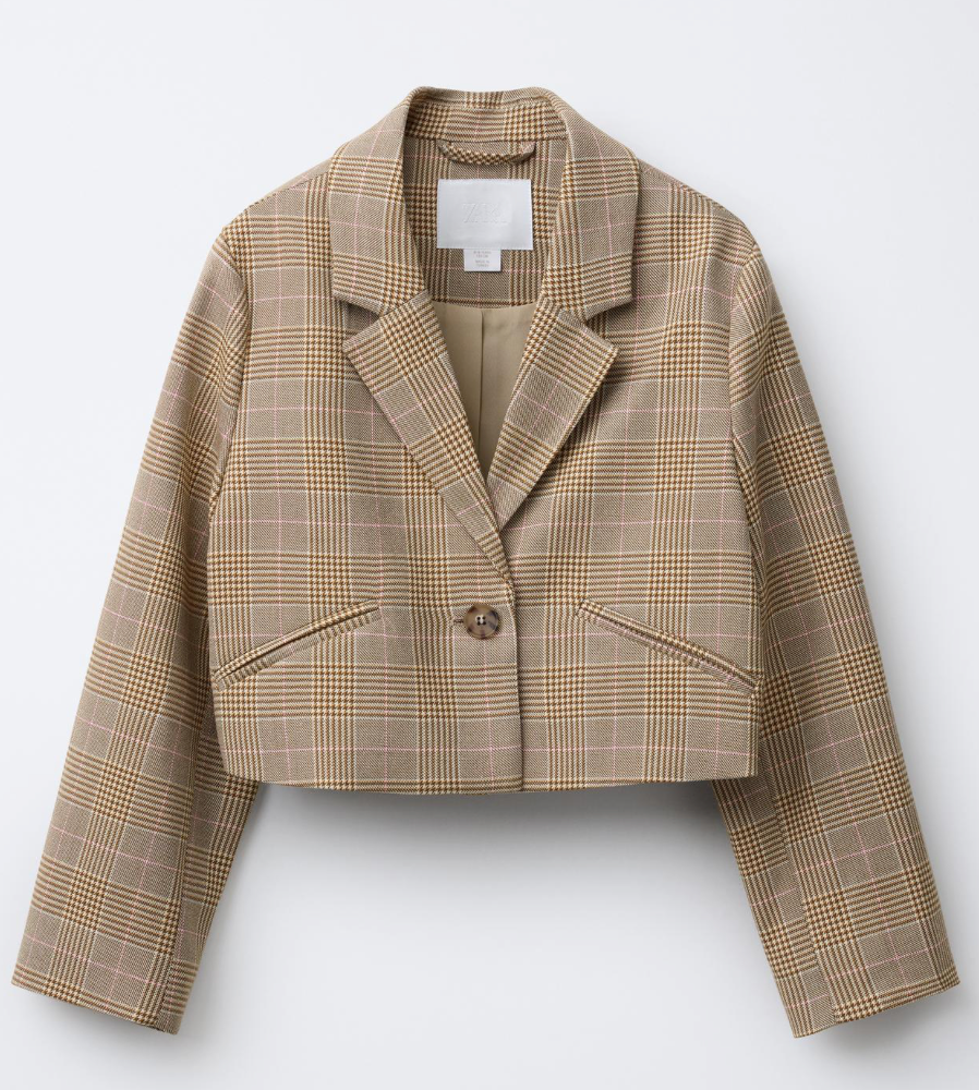 Cropped beige plaid blazer jacket with notched lapels and single button closure shown from multiple angles.
