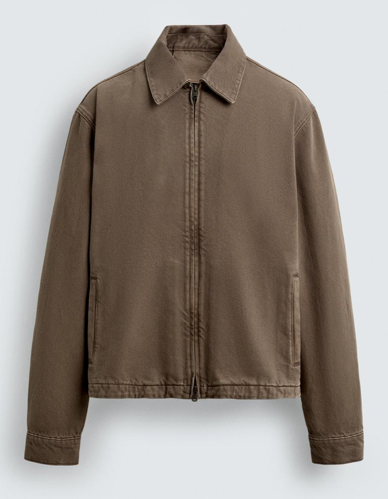Brown cropped cotton jacket with zip front closure and collar shown from multiple angles against white background.