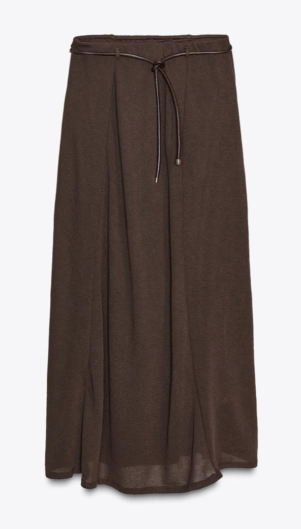 A brown pleated midi skirt with drawstring waist shown from three different angles.