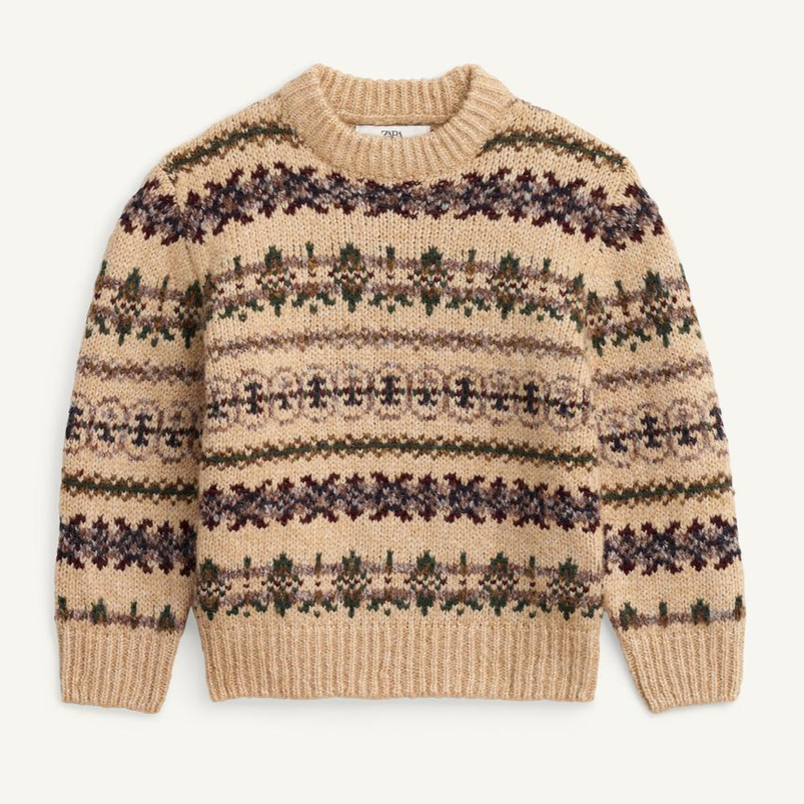 Beige and brown Fair Isle knit sweater with traditional Nordic pattern design and ribbed crew neckline.