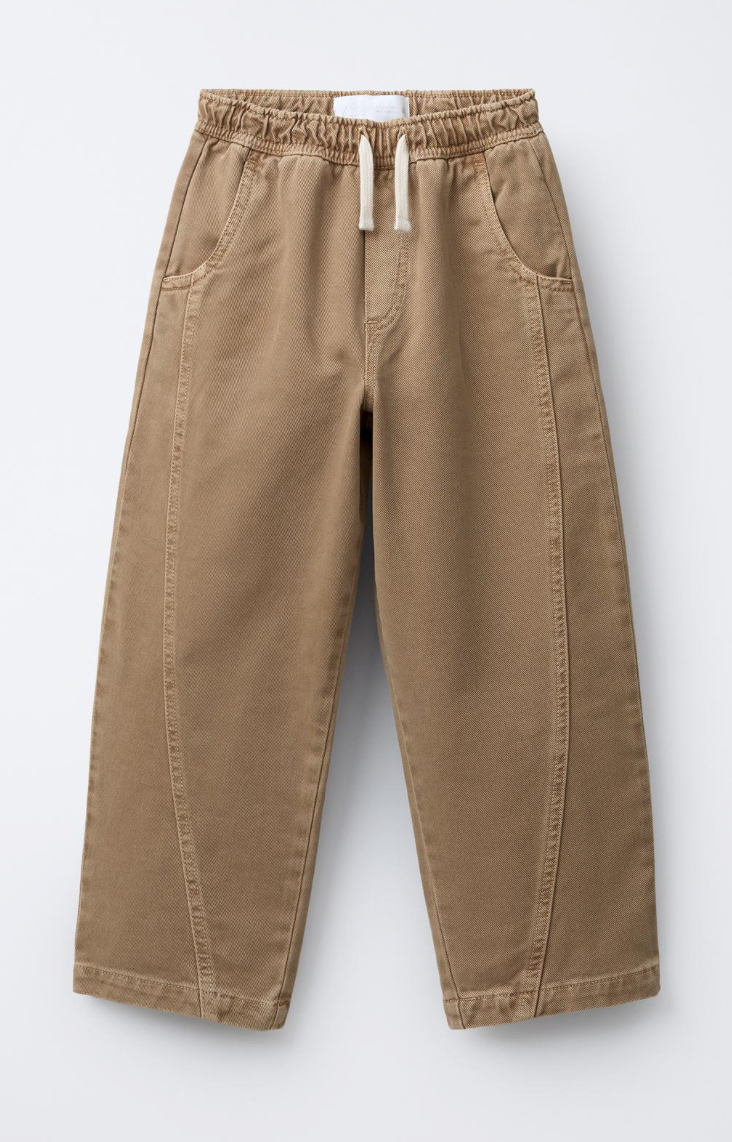 Khaki tan cotton drawstring shorts with side pockets shown from three different angles on white background.