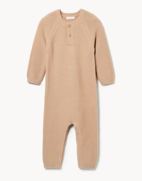 Beige knit baby romper with henley neckline and long sleeves shown from three different angles.