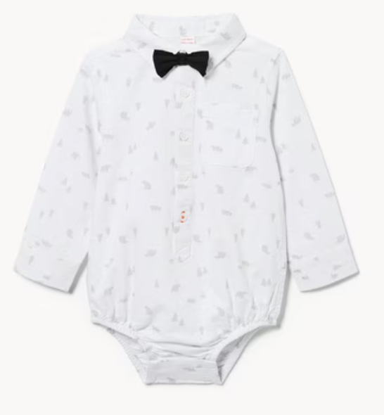 White baby bodysuit with delicate floral print and black bow tie collar design for formal occasions.