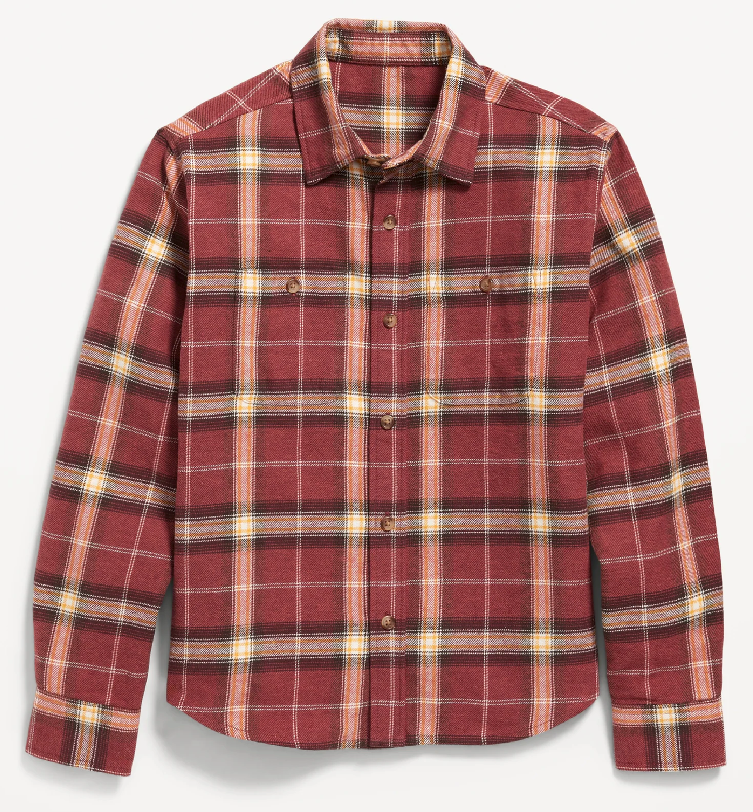 A red and beige plaid flannel shirt shown in multiple views displaying its cropped length and button-front design.