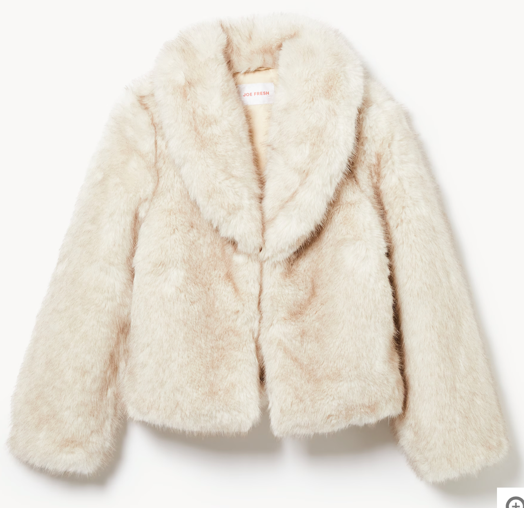 Plush ivory faux fur cropped jacket with long sleeves and collar shown from multiple angles.