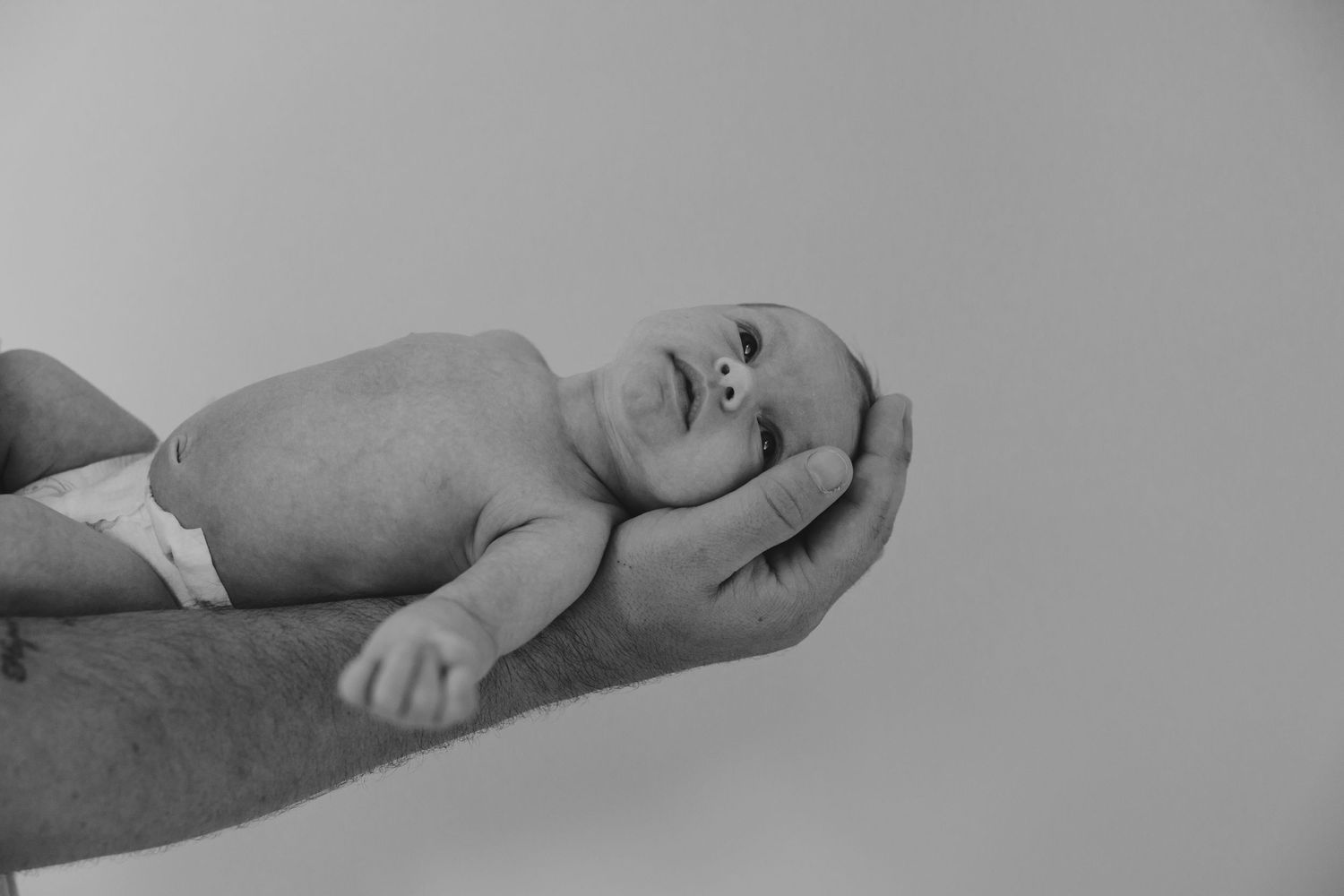 Newborn baby cradled in an adult's hands in a black and white photo.