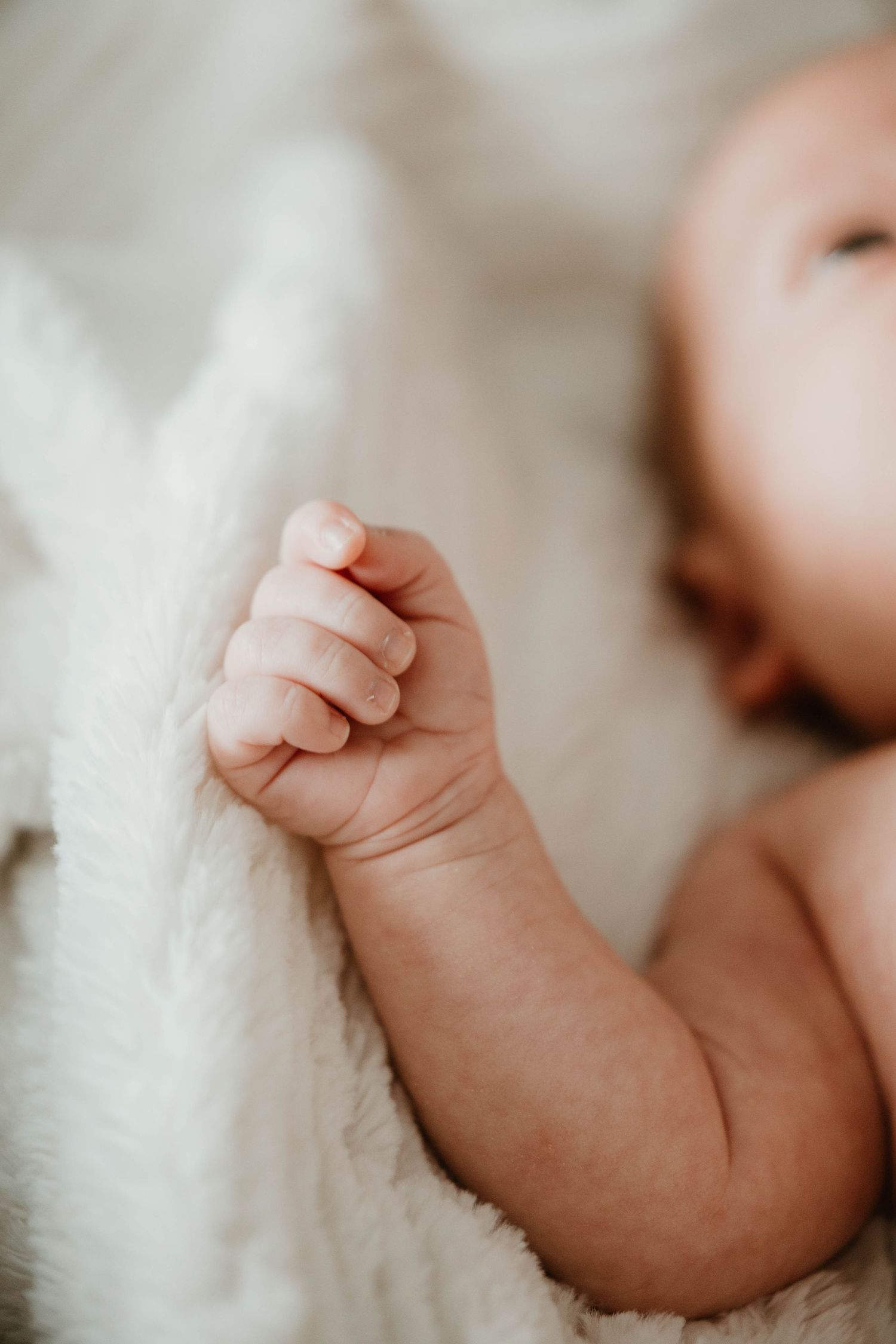 Close-up of a newborn baby's tiny clenched fist resting on a soft white fluffy blanket.