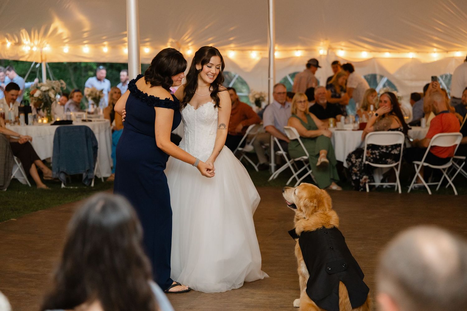 Bride dancing with guest while dog in formal attire joins celebration at tented wedding reception.