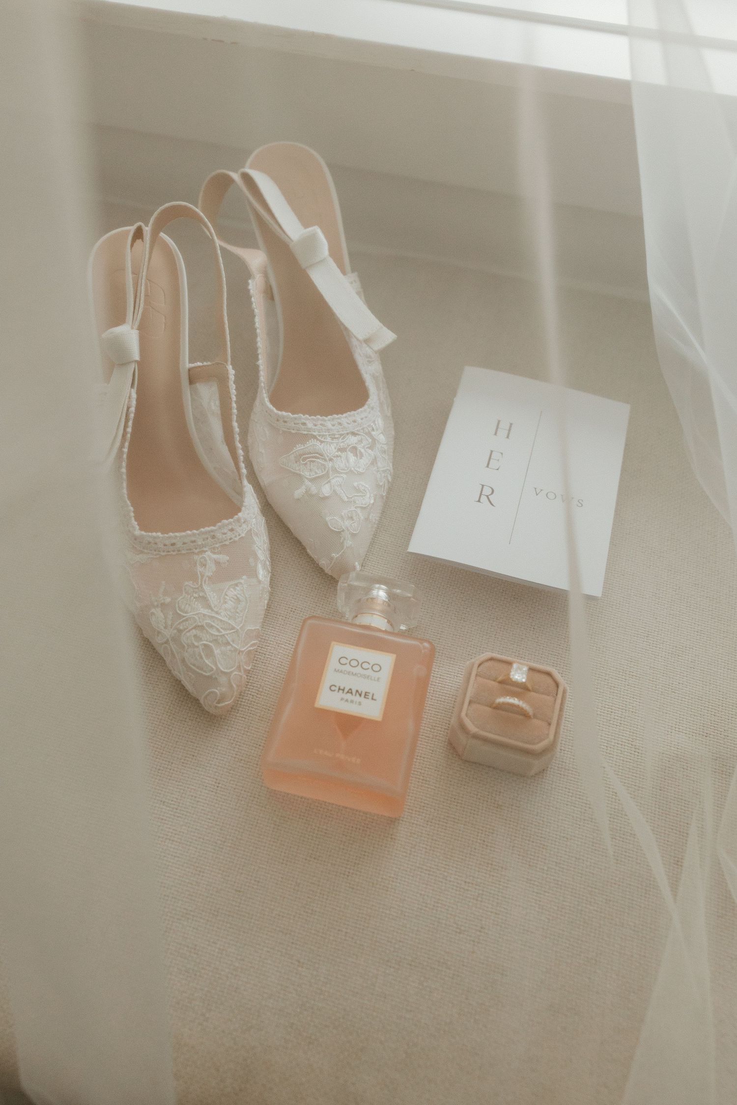 Flat lay of lace bridal heels, Chanel Coco perfume, gold ring box, and wedding card.
