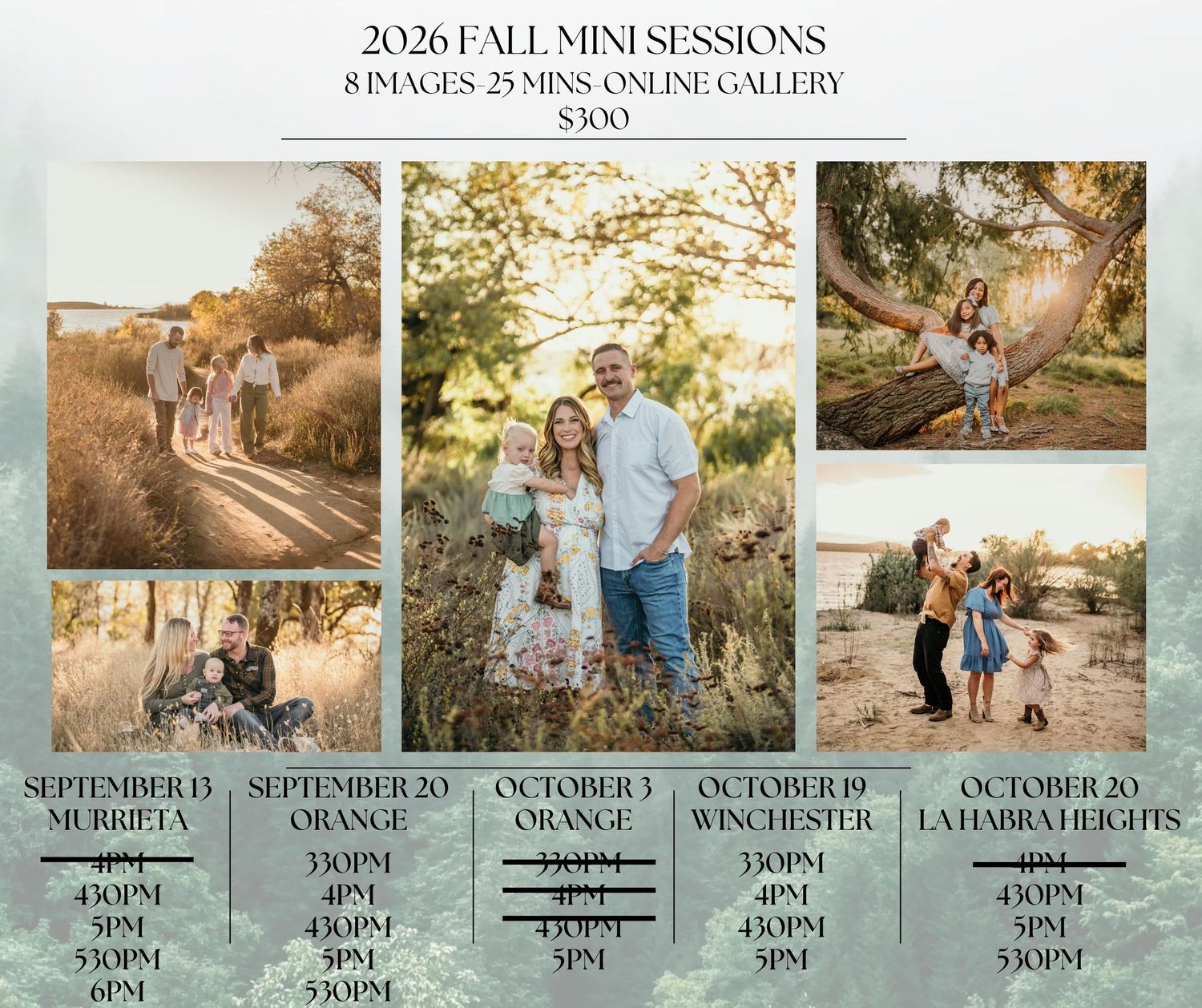 2026 Fall Mini Sessions flyer featuring family outdoor portraits in golden light, offering 8 images, 25 mins, online gallery for $300.