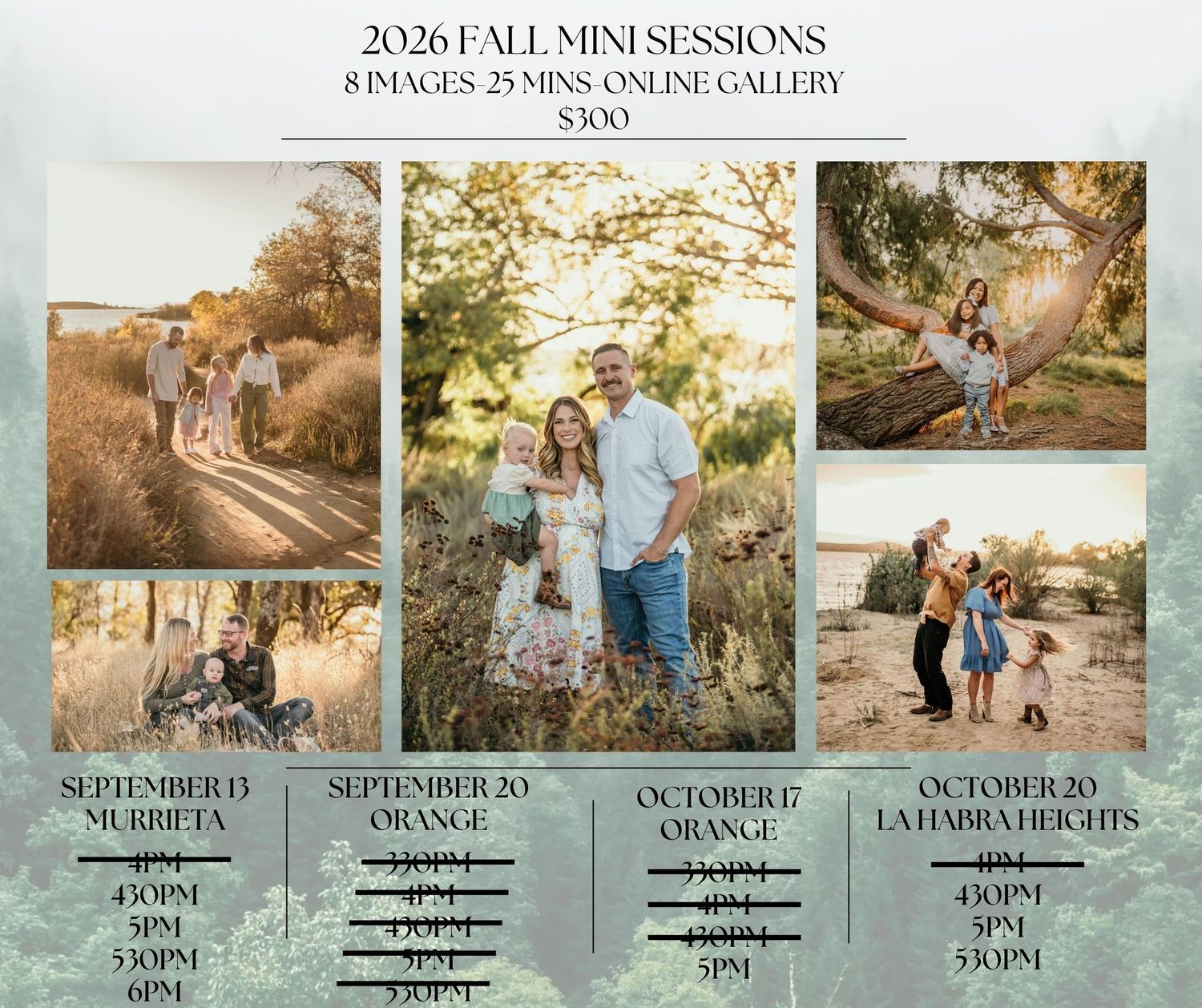 2026 Fall Mini Sessions flyer showing families posing outdoors among golden autumn foliage, $300 for 8 images.