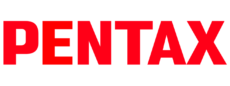 Pentax brand logo displayed in bold red letters on a white background.
