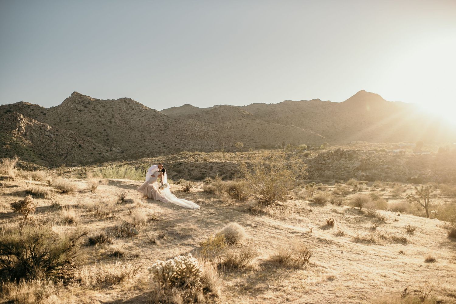 Couple in wedding attire embracing in a vast desert landscape with mountains and golden sunlight in the background.