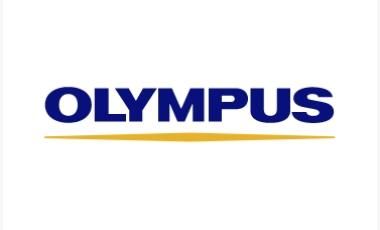 Olympus brand logo featuring bold blue text with a gold horizontal line accent on white background.