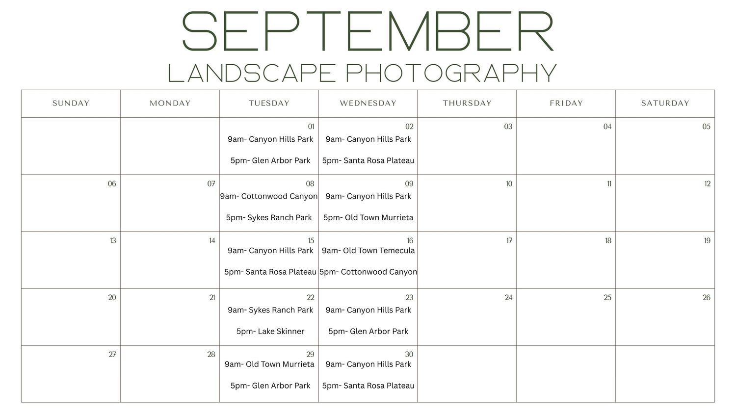 September landscape photography calendar with scheduled park visits including Canyon Hills, Santa Rosa, and Glen Arbor locations.