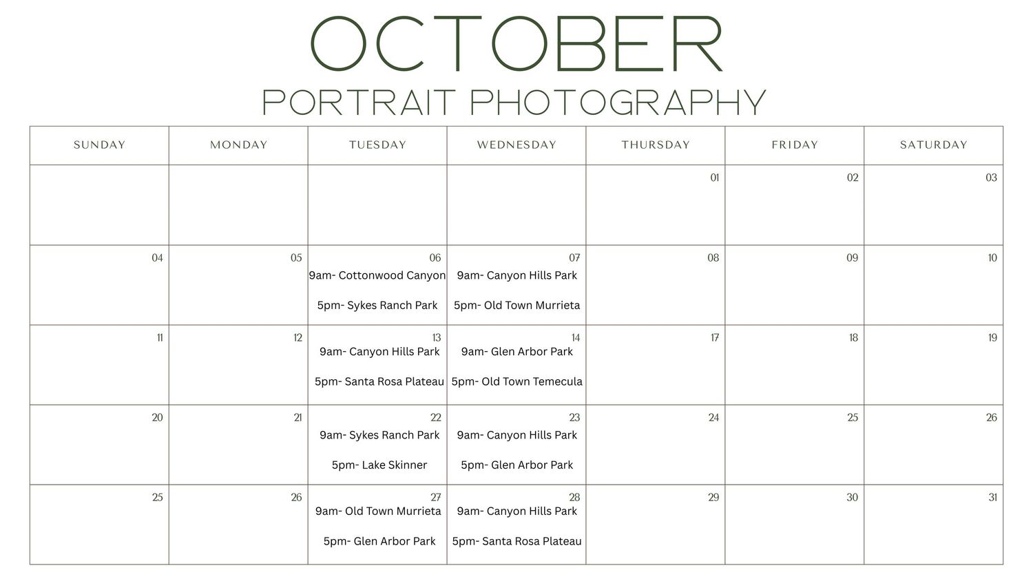 October portrait photography session calendar showing available booking slots at various parks and locations throughout the month.