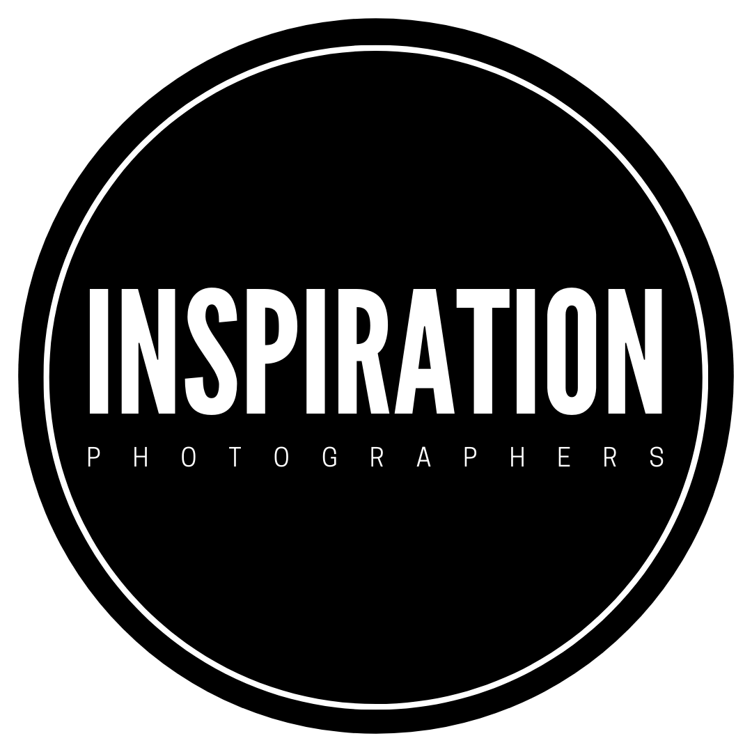 A series of black oval logos with white text spelling out INSPIRATION and PHOTOGRAPHERS on dark backgrounds.
